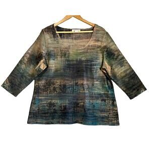 Coldwater Creek Top Large Tan Blue Watercolor 3/4 Sleeve Pleats Texture Stretch